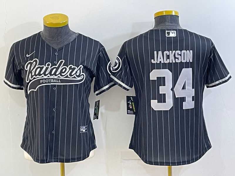 Womens Las Vegas Raiders #34 Bo Jackson Black Team Big Logo With Patch Cool Base Stitched Baseball Jersey->women nfl jersey->Women Jersey